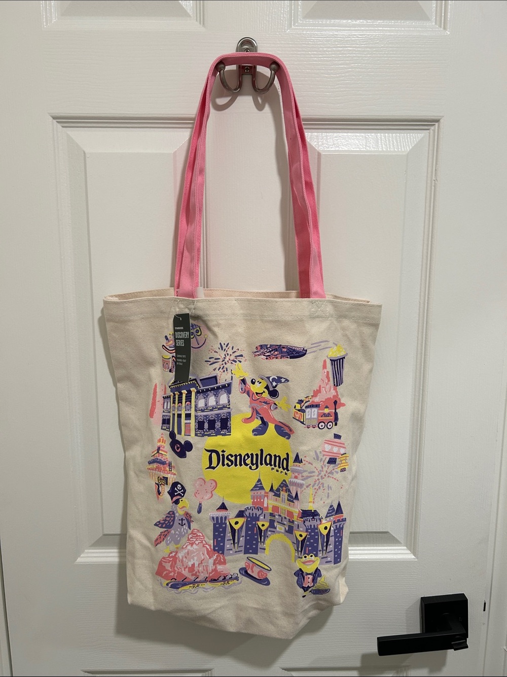 Starbucks Canvas Tote with Pink Handles and Colorful Disneyland Print